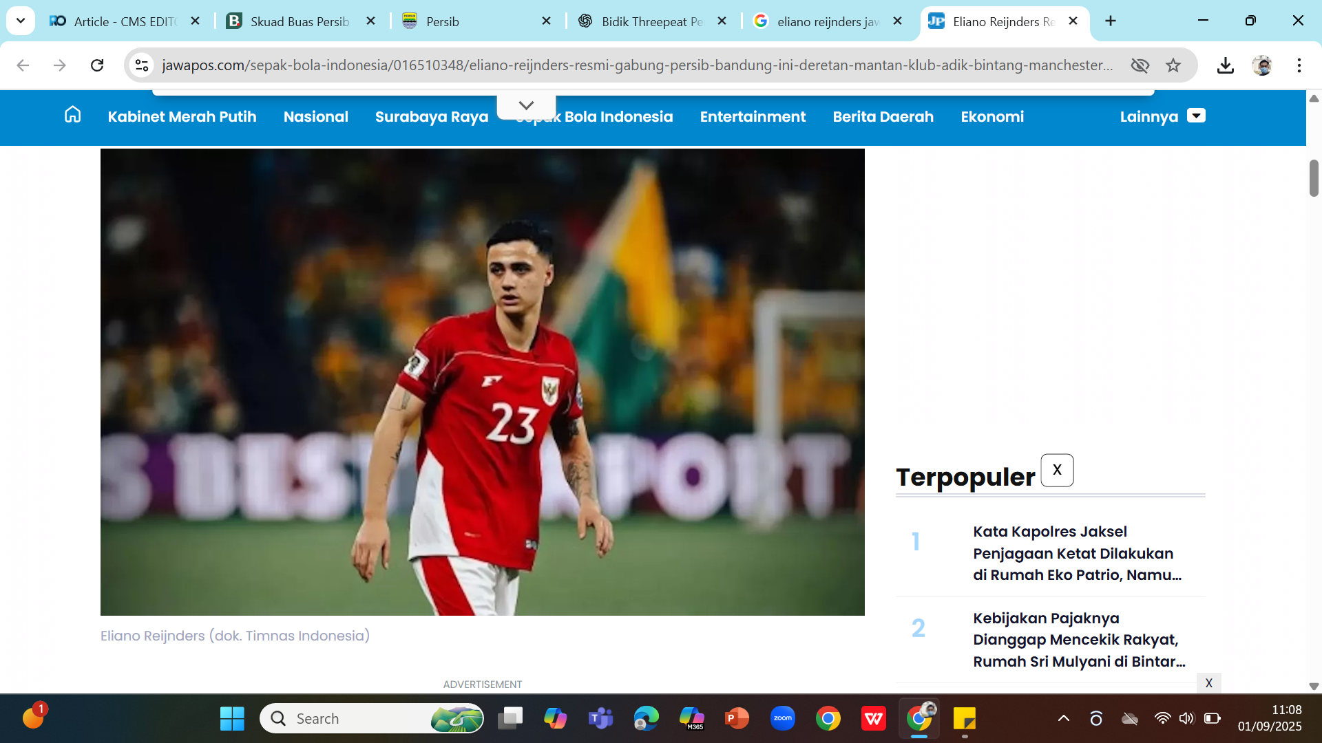 Bek sayap Timnas Indonesia Eliano Reijnders bergabung dengan Persib Bandung.