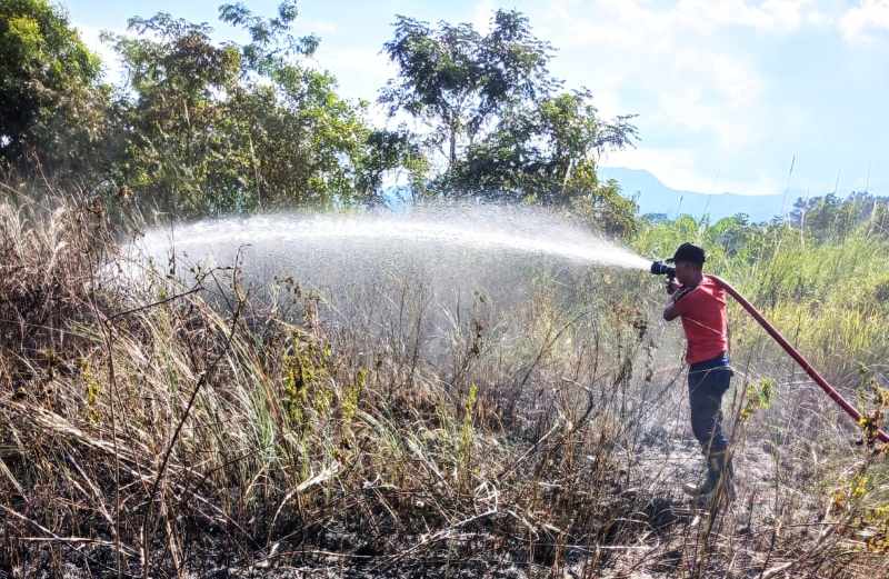 PADAMKAN API  : Petugas damkartan saat melakukan penanganan kebakaran lahan di wilayah Kubu belum lama ini. (istimewa)