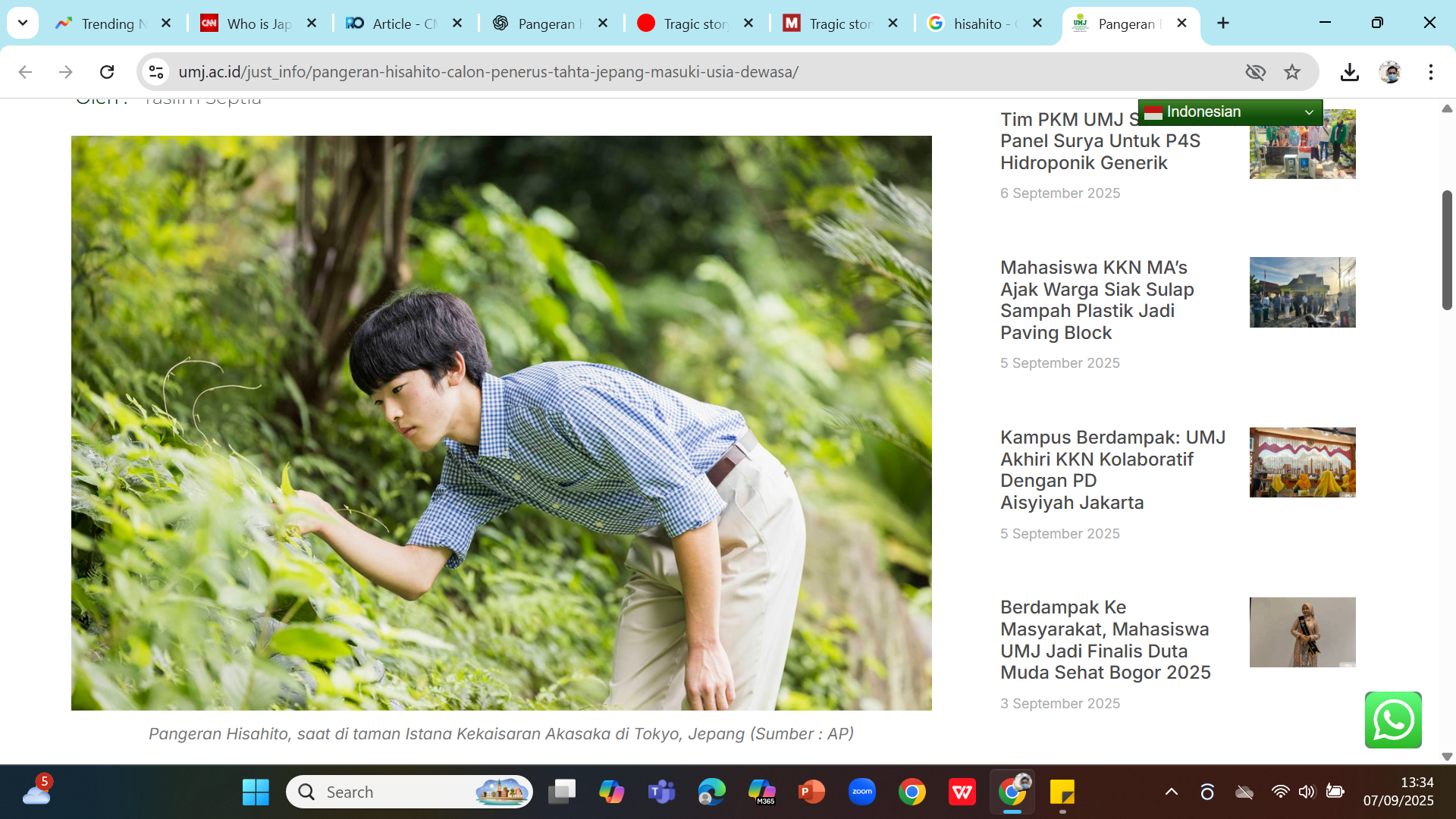MASA DEPAN JEPANG - Pangeran Hisahito mengamati capung di kebun Istana Kekaisaran Jepang.