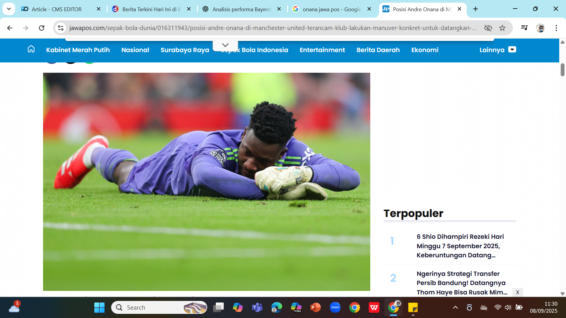 MULAI DARI BAWAH - Andre Onana dipinjamkan MU ke klub Liga Turki Trabzonspor.
