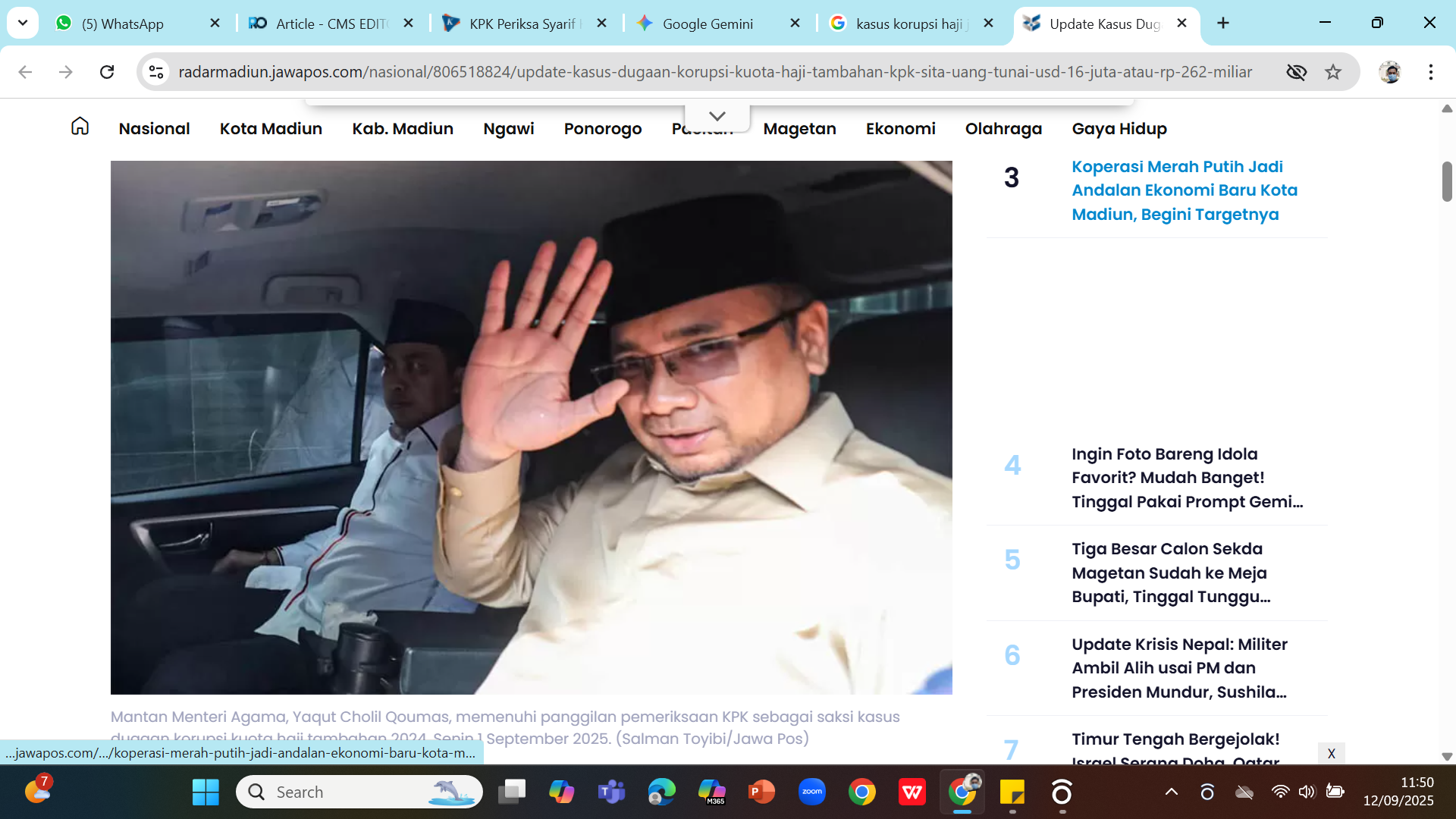 DIBIDIK KPK - Eks Menag Yaqut Cholil Qoumas setelah diperiksa sebagai saksi kasus dugaan korupsi kuota haji pada 1 September 2025.