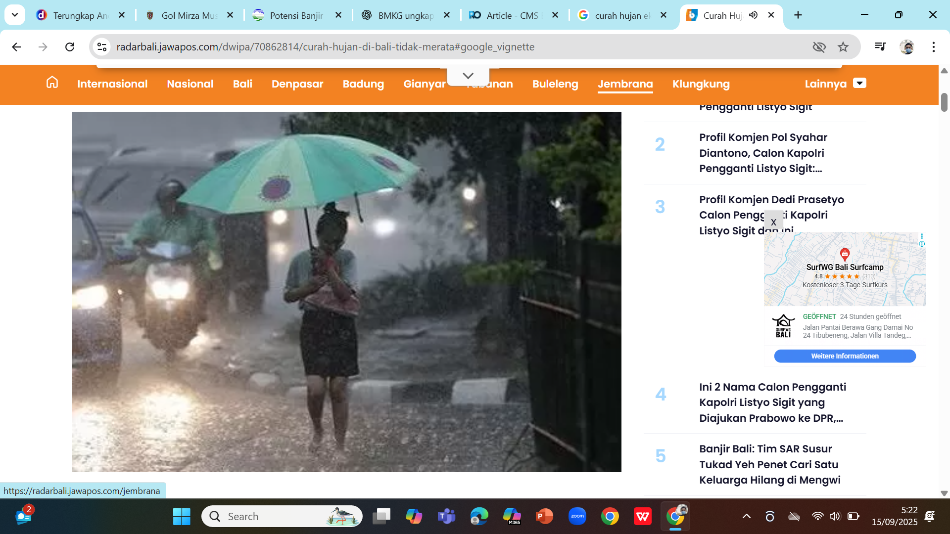 ANOMALI - Curah hujan di atas 200 mm yang melebihi kategori ekstrem (150 mm) disebabkan sejumlah anomali cuaca di Bali.