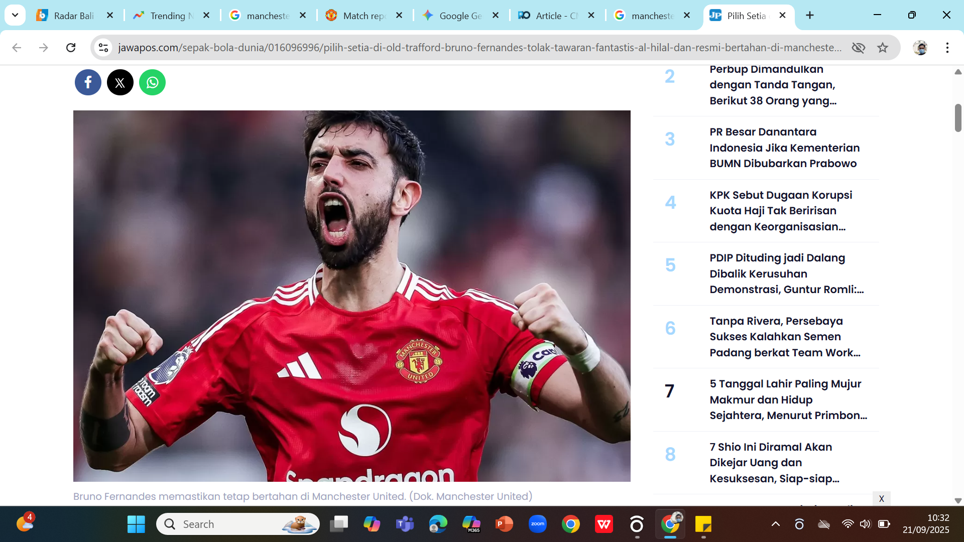 LEGENDA - Kapten MU Bruno Fernandes mencetak gol ke-100 untuk United dalam 200 pertandingan yang diikutinya.