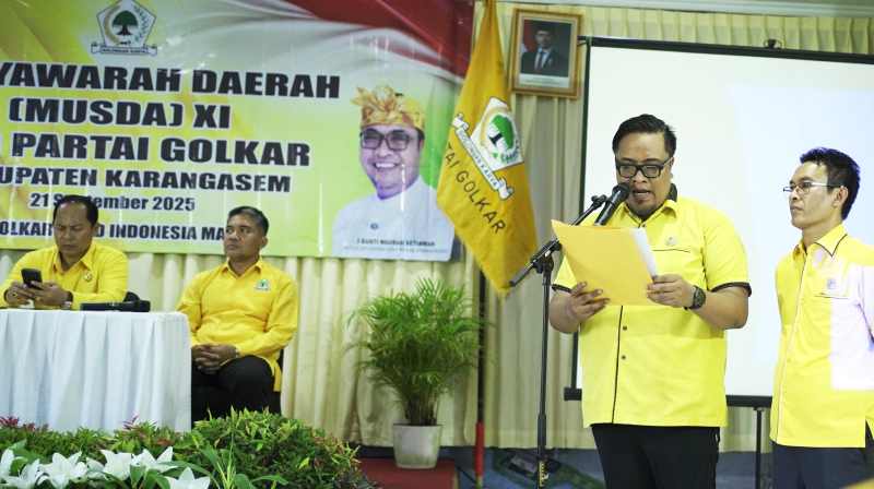MUSDA GOLKAR KARANGASEM : Suasana Musda Golkar memilih Karangasem yang akhirnya  Sombi kembali ketua DPD Golkar,Minggu (21/9/2025). (Foto: Zulfika Rahman)