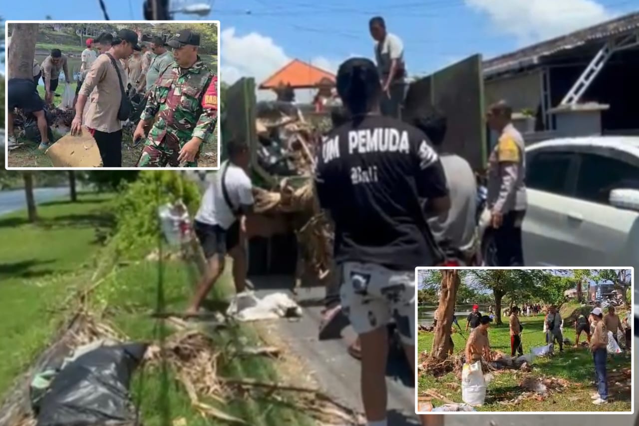 AKSI SOSIAL: Semangat gotong royong bersih-bersih di kawasan Taman Pancing, Pemogan, Denpasar Selatan, Minggu (21/9/2025)