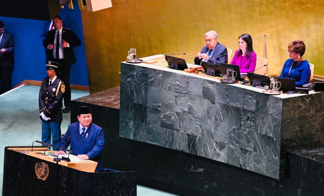 Presiden RI Prabowo Subianto menyampaikan pidato di Gedung Majelis Umum Perserikatan Bangsa-Bangsa (PBB), New York, Amerika Serikat, pada Senin, 22 September 2025.