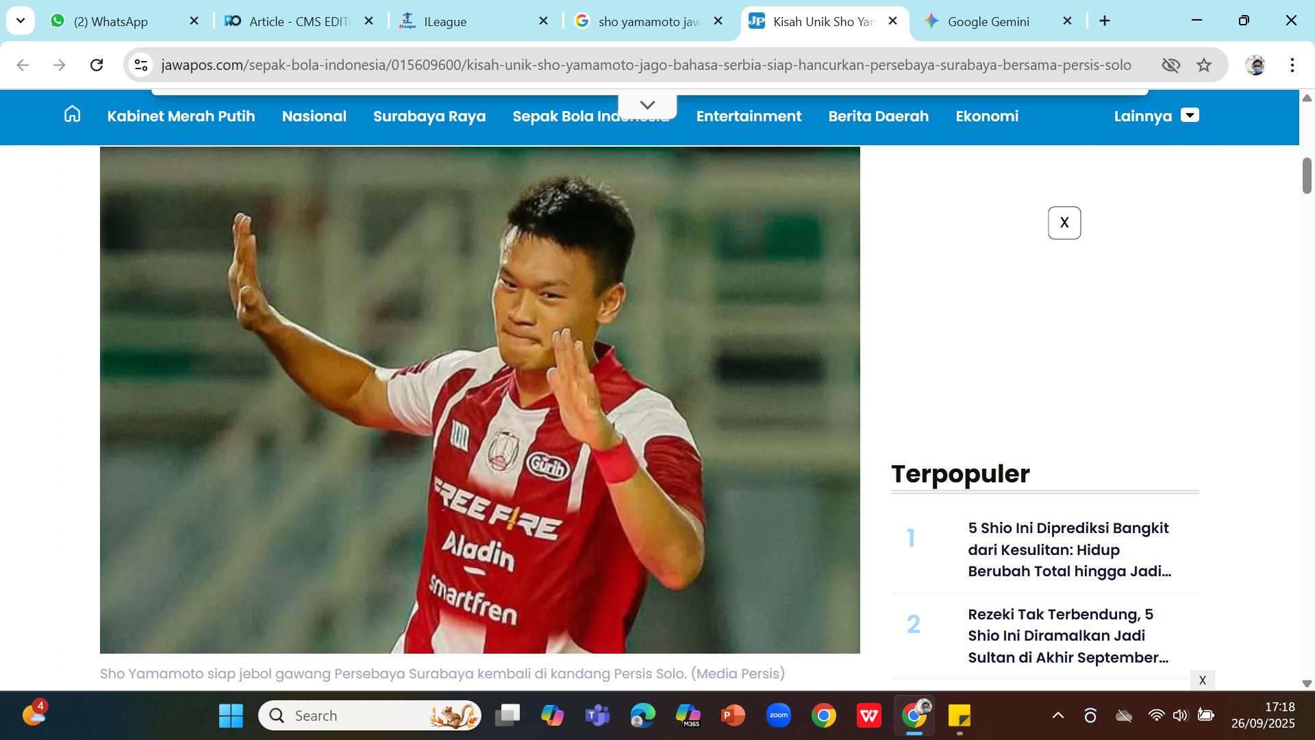 BUANG PELUANG - Sho Yamamoto dihukum larangan tampil membela Persis Solo melawan Arema Malang dan Persik Kediri.