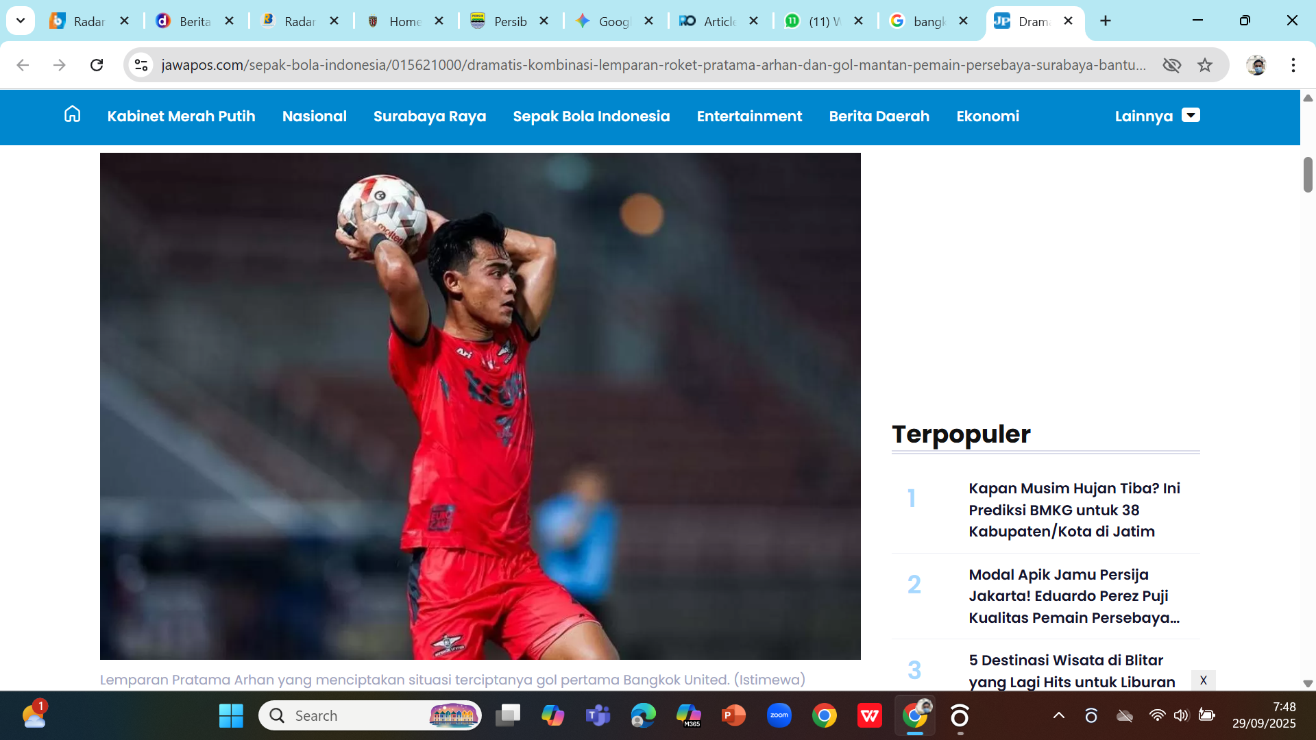Lemparan Pratama Arhan patut diwaspadai Persib saat diturunkan Bangkok United.