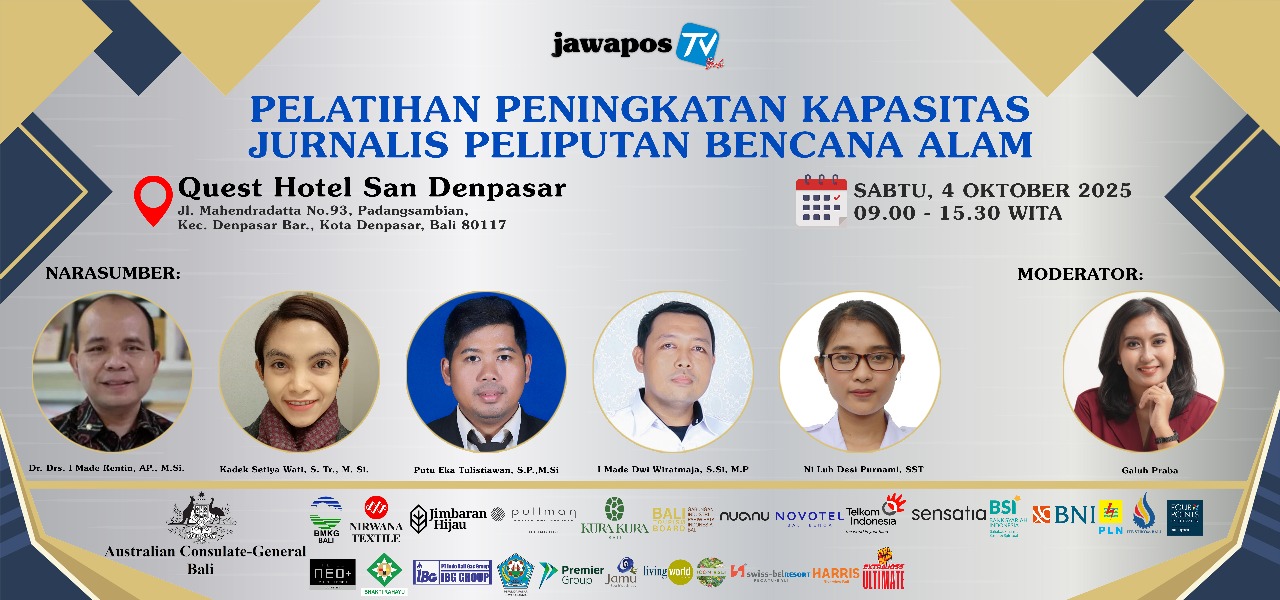 MITIGASI: Baner para narasumber/instruktur Pelatihan Peningkatan Kapasitas Jurnalis Peliputan Bencana Alam di Bali