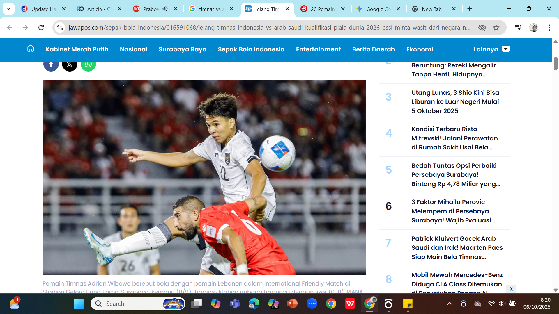 BERJIBAKU - Gelandang Timnas Adrian Wibowo duel dengan pemain Lebanon dalam international friendly match di Stadion GBT.