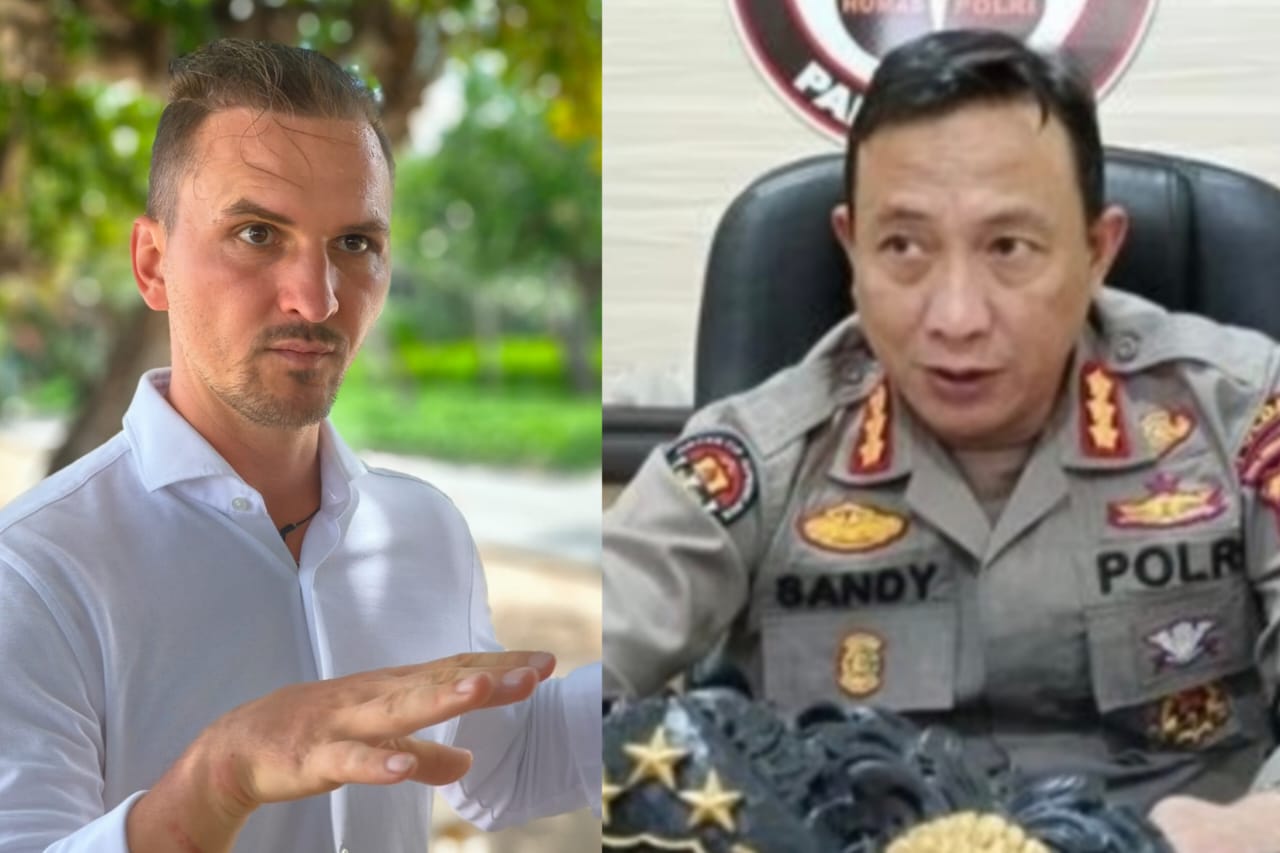 MENGADU: Sergeii Domogatsky alias Mr. Terimakasih, dan , Kabid Humas Polda Bali Kombes Pol Ariasandy, S.I.K., beri pernyataan, Selasa (21/10).