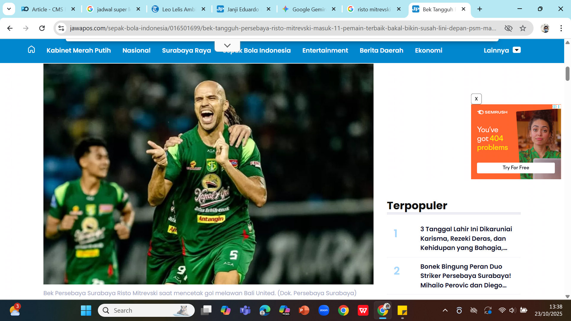 KEHILANGAN - Bek Persebaya Risto Mitrevski masih menjalani pemulihan cedera bahu di Kroasia.
