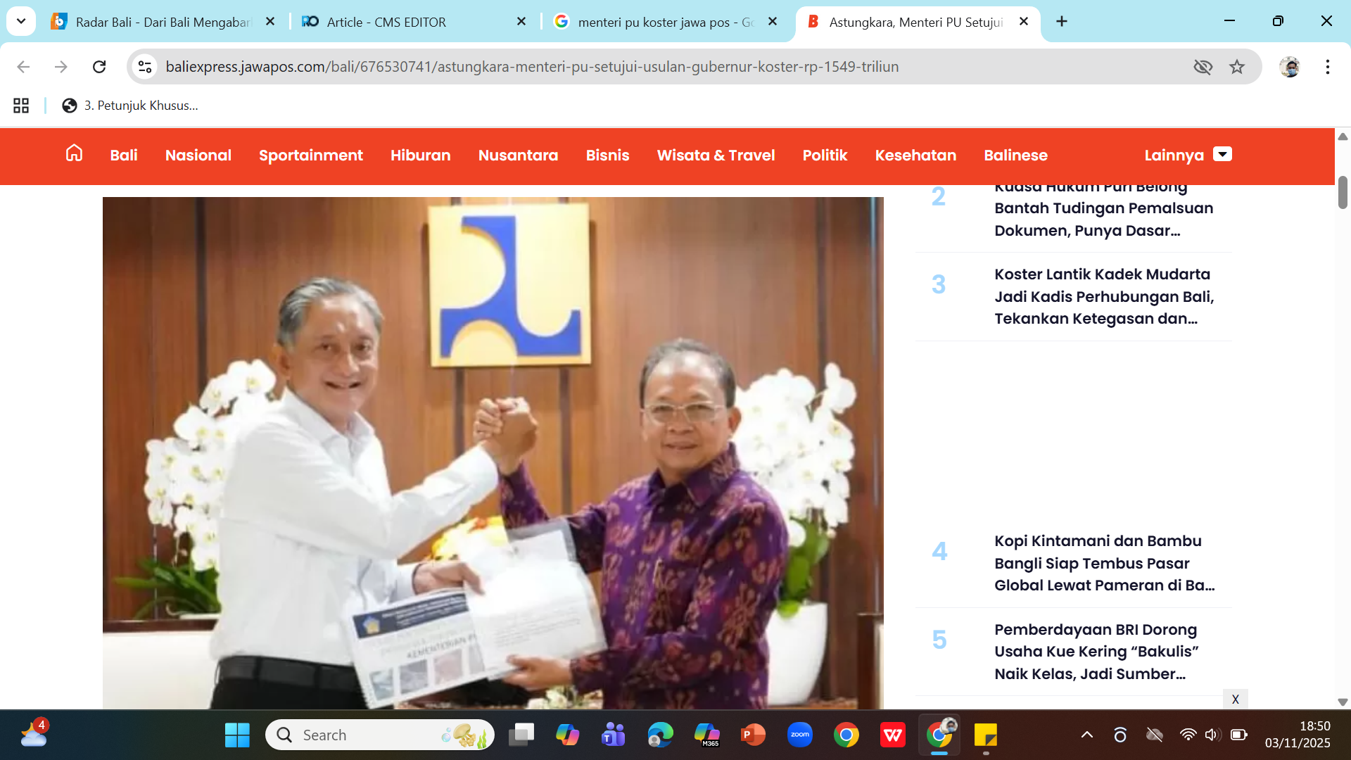 PERLU REMBUGANG - Menteri PU Dody Hanggodo dan Gubernur Wayan Koster perlu berdiskusi tentang ruas prioritas Tol Gilimanuk-Mengwi.