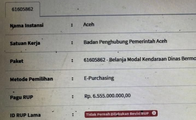 DATA PENGADAAN : Tangkapan layar data situs resmi layanan pengadaan secara elektronik Aceh.[ist]