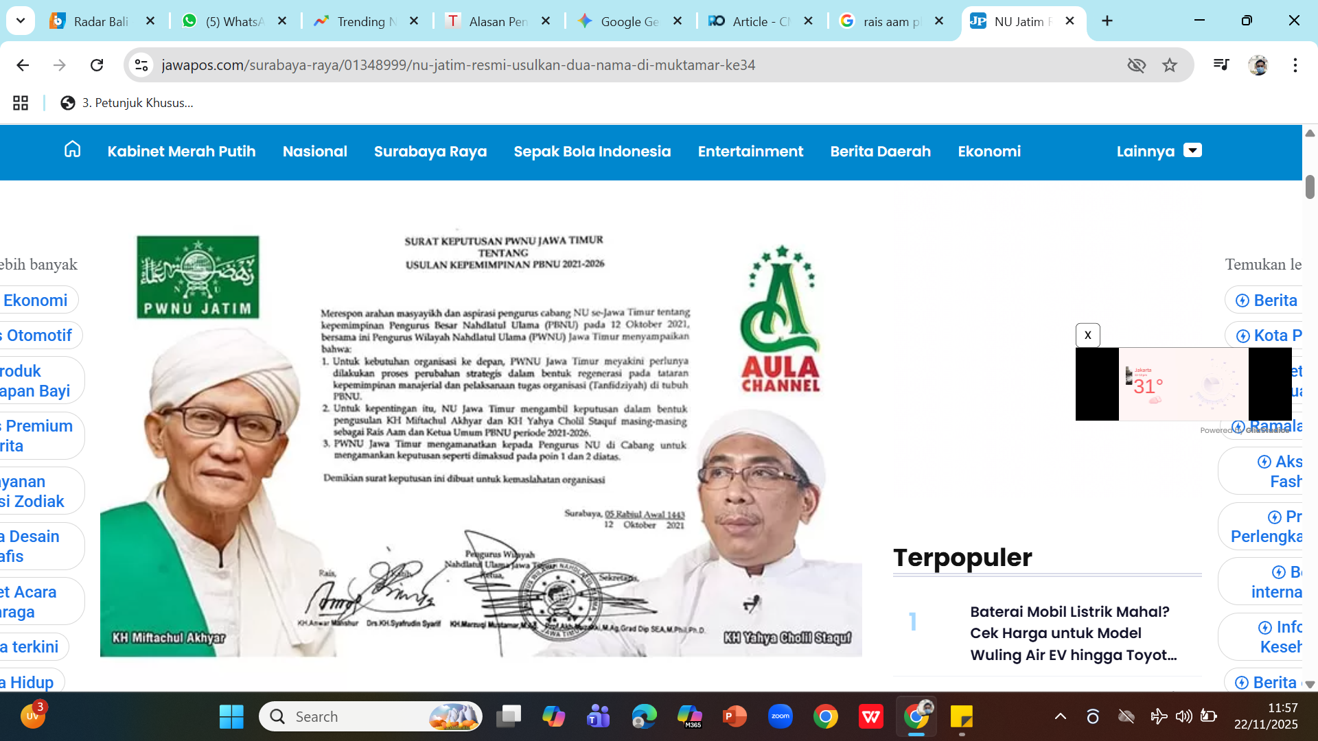 DIMAKZULKAN - Rais Aam PBNU KH Miftachul Akhyar meminta Ketua Umum PBNU Yahya Cholil Staquf mengundurkan diri maksimal 23 November 2025.