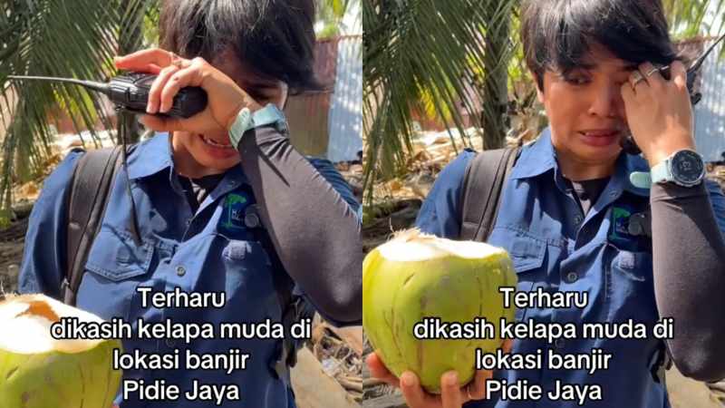 TAK KUASA MEMBENDUNG AIR MATA : Relawan ini tak kuasa menahan air mata saat diberi kelapa muda sama warga Pidie Jaya saat di lokasi banjir. (Sumber: TikTok/@fendra.tryshanie)