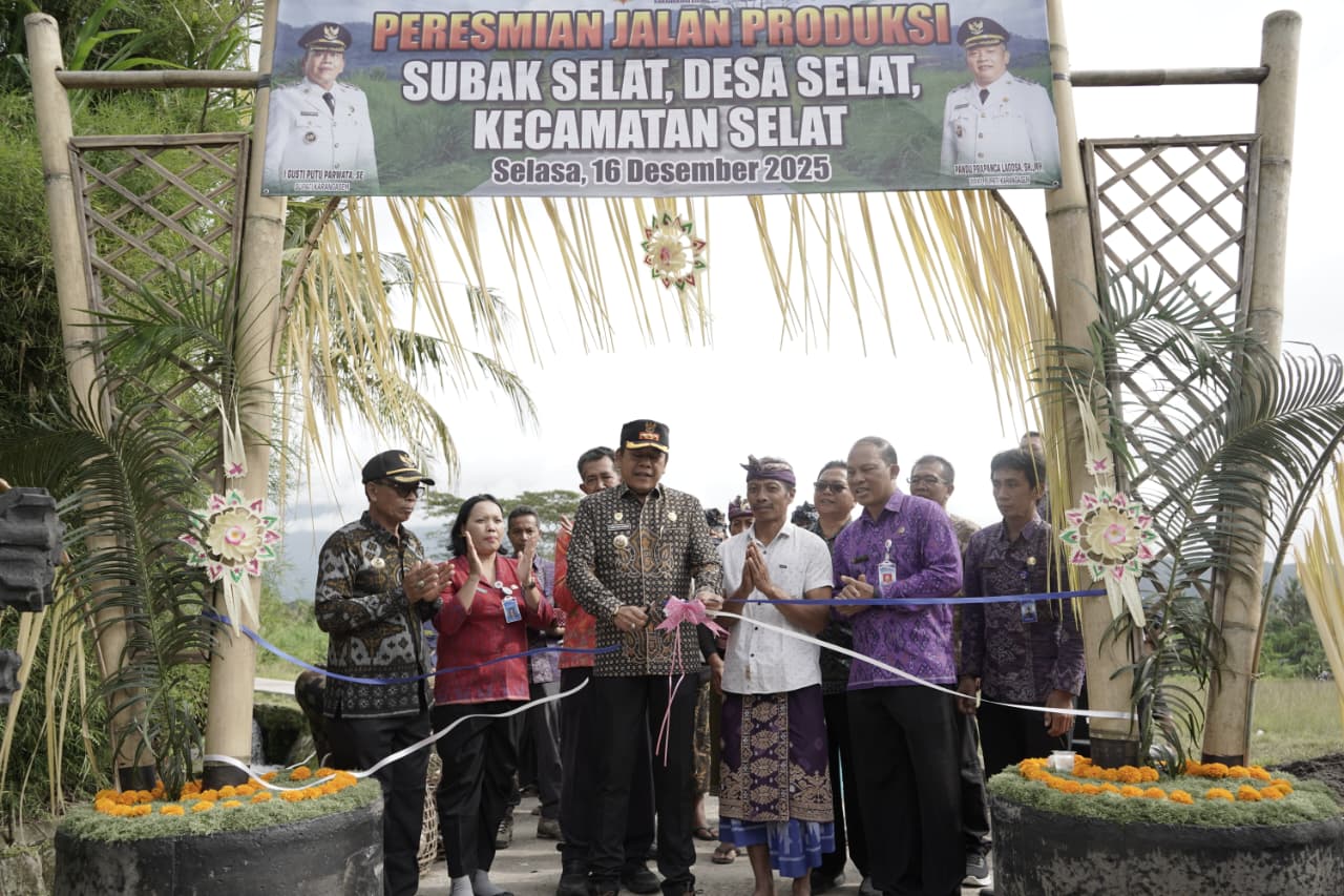 WUJUD KOMITMEN: Bupati Karangasem I Gusti Putu Parwata saat meresmikan jalan usaha tani di Subak Selat, Desa Selat, Selasa (16/12). (Zulfika Rahman/Radar Bali)