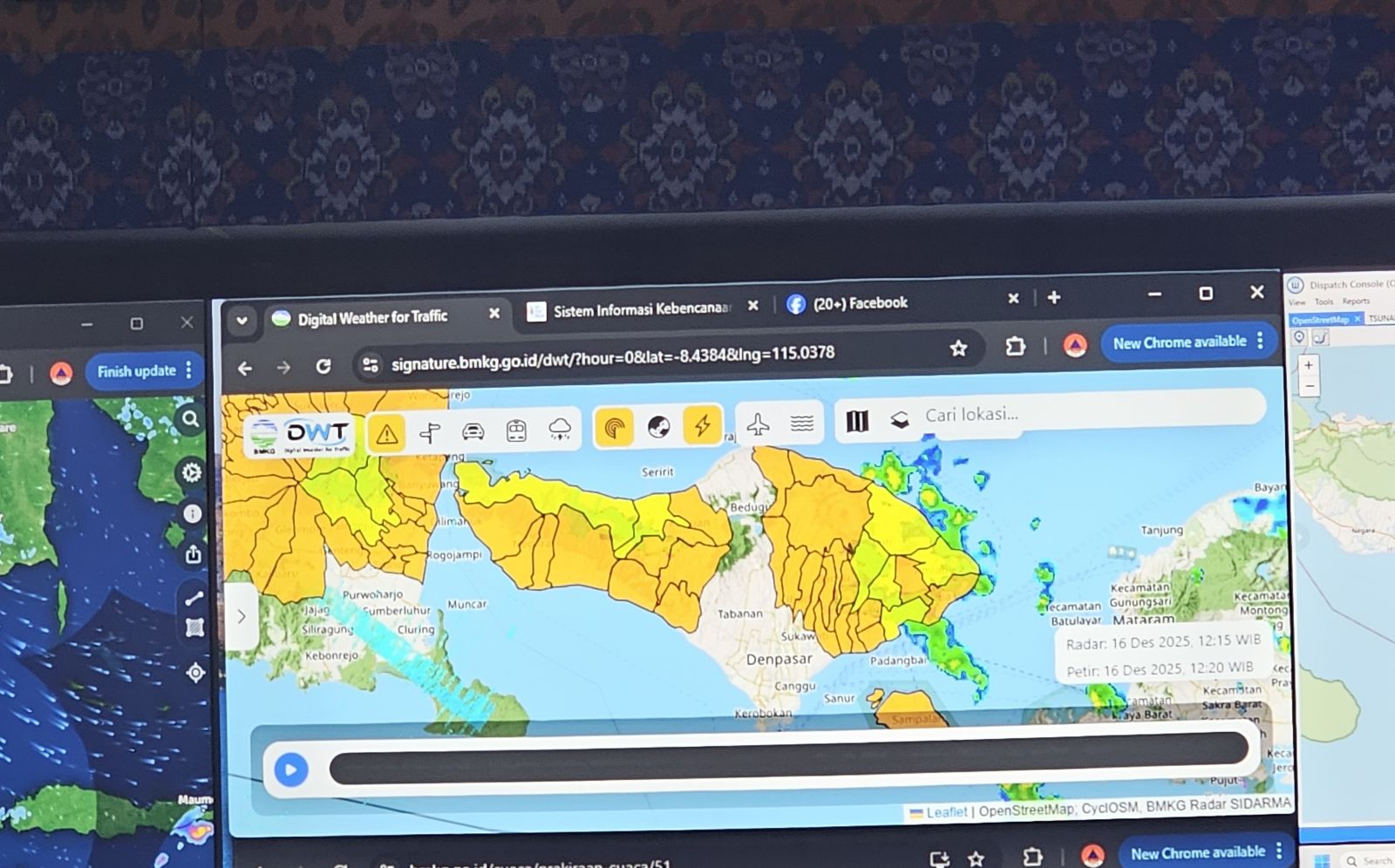 DAMPAK SIKLON: Peta persebaran bibit hujan di Bali sesuai citra yang ditampilkan Pusdalops