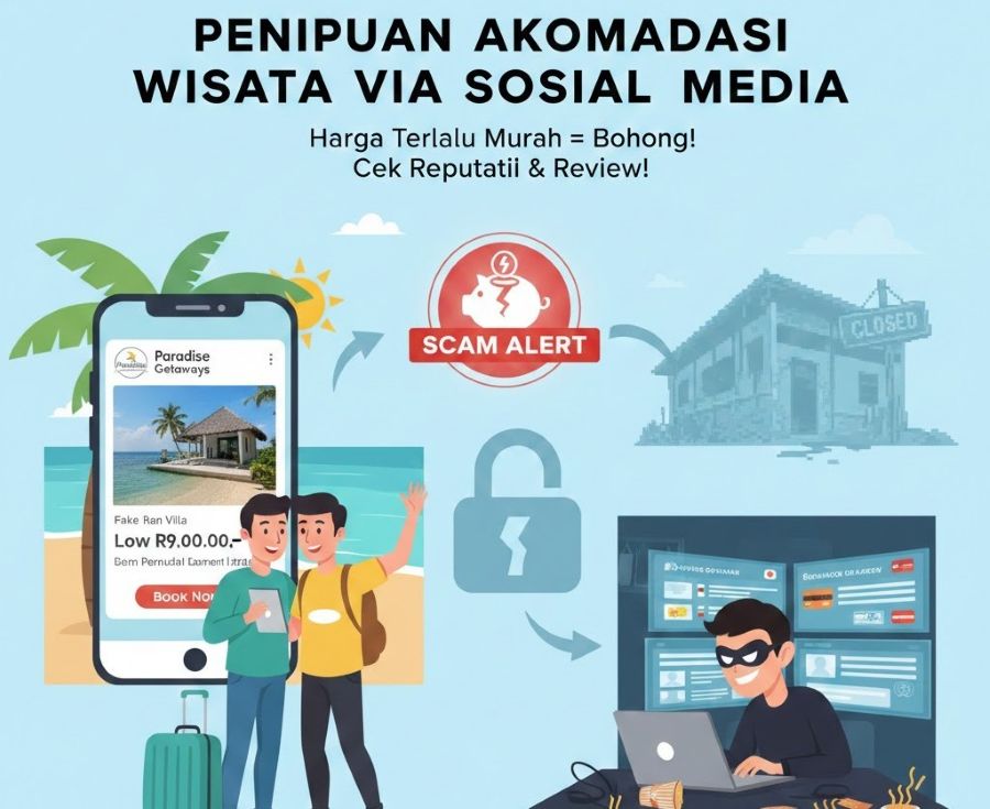 WASPADA: Ilustrasi penipuan via sosial media di ranah akomodasi wisata yang marak jelang Nataru