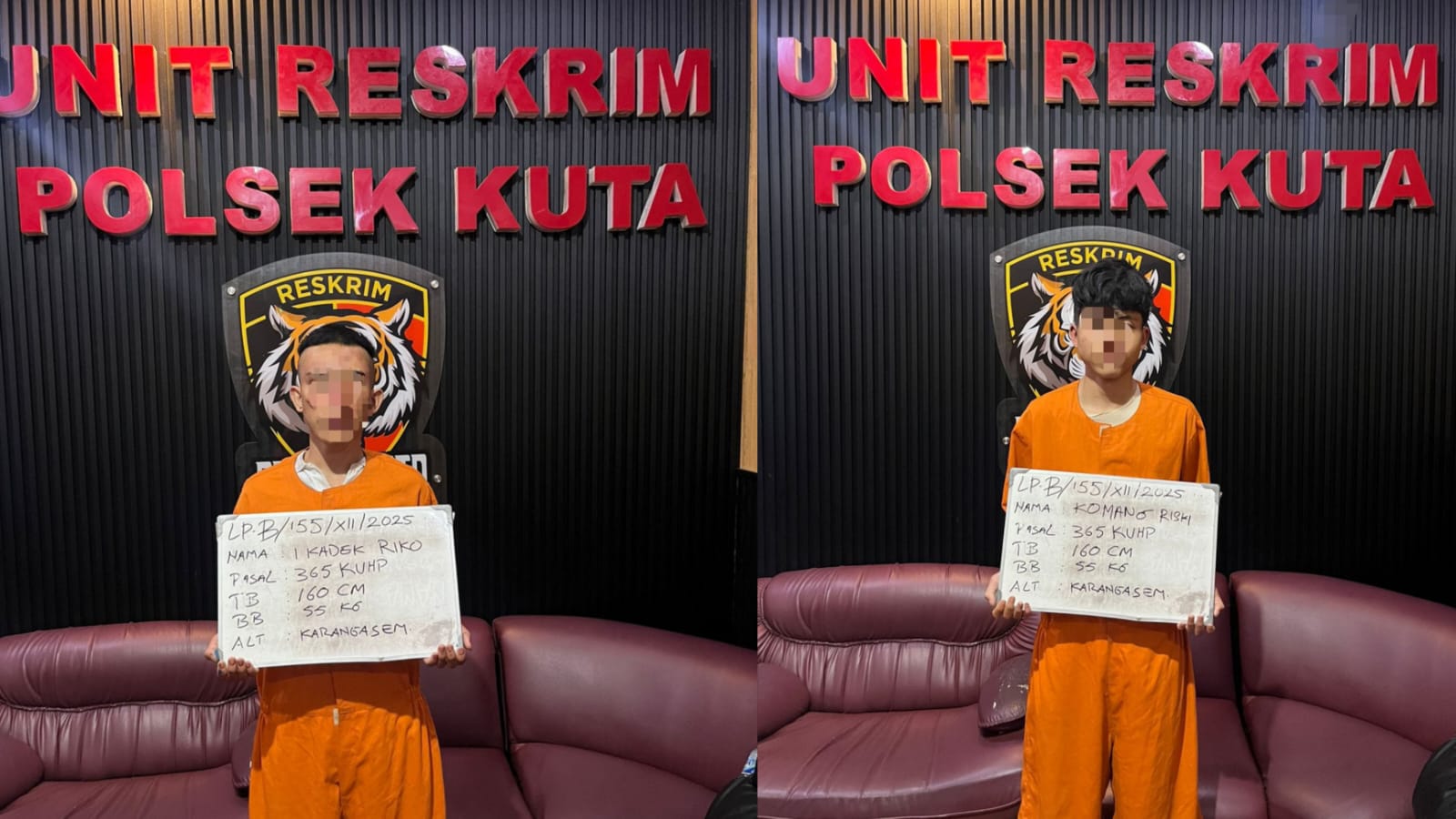 KEJAHATAN JALANAN: Dua pria asal Karangasam berinisial KR dan IKR kenakan baju tahanan.
