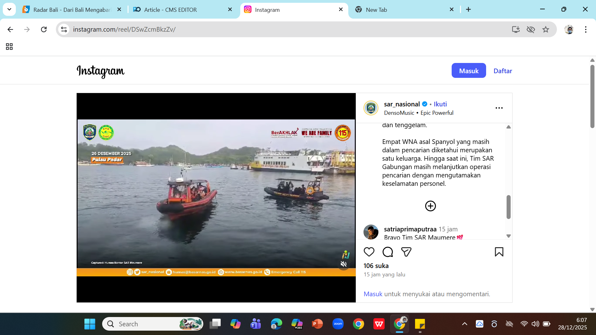 Searider Basarnas melakukan pencarian korban di perairan Pulau Padar, Nusa Tenggara Timur.