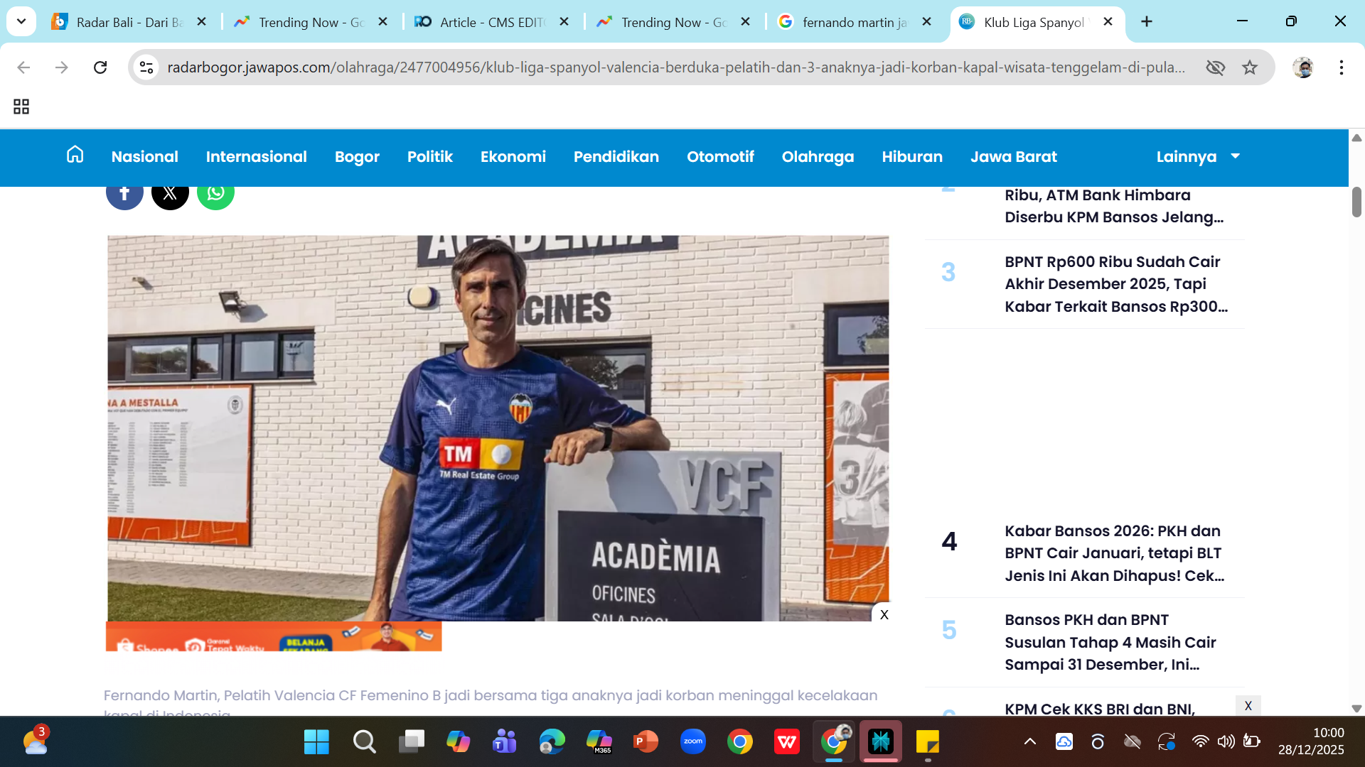 KORBAN - Pelatih Valencia Fernando Martin tewas akibat tenggelam di perairan Pulau Padar, Labuan Bajo, Nusa Tenggara Timur.