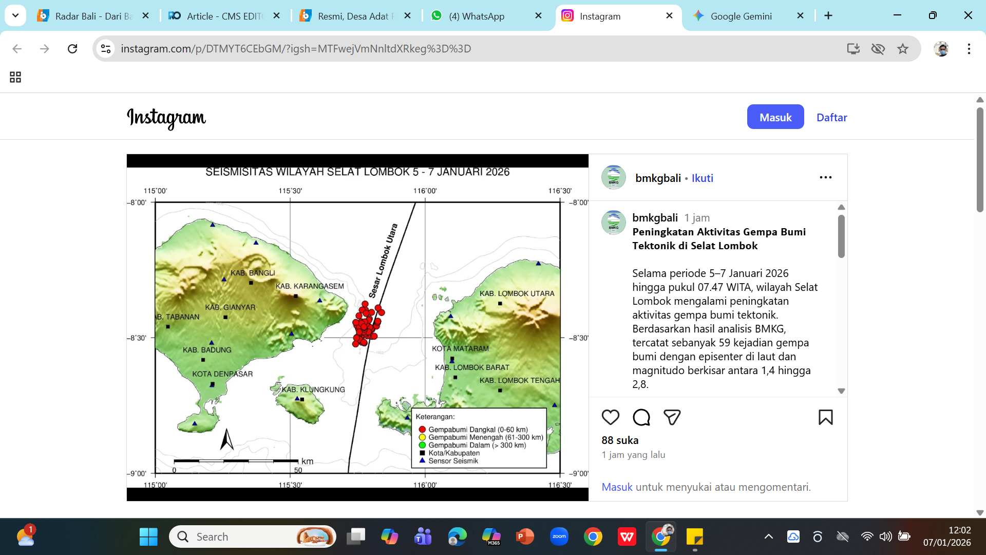 WASPADA - BMKG mengingatkan mitigasi risiko imbas gempa tektonik dangkal di Selat Lombok yang terasa hingga Bali.