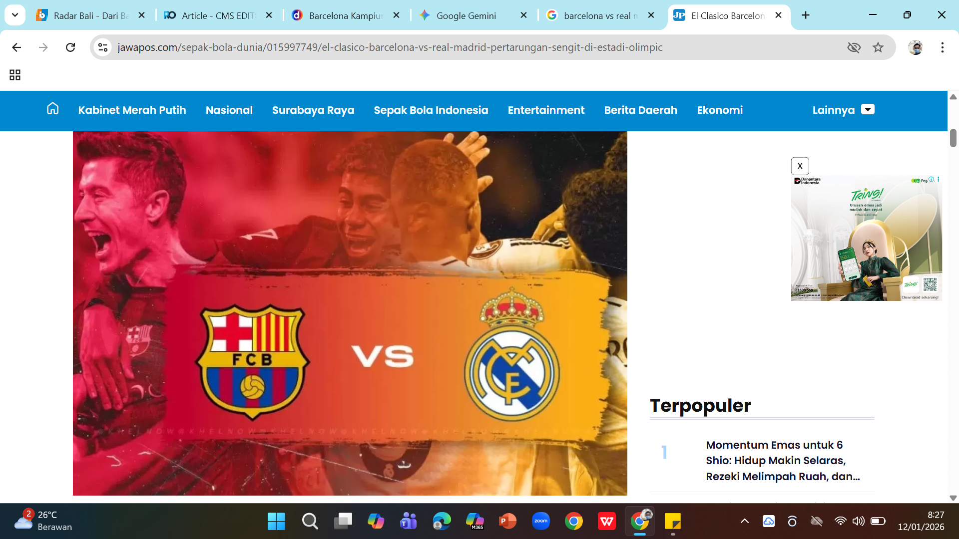 Barcelona juara Piala Super Spanyol 2026 usai tekuk Real Madrid 3-2. Brace Raphinha bawa Blaugrana pertahankan gelar dalam duel El Clasico.