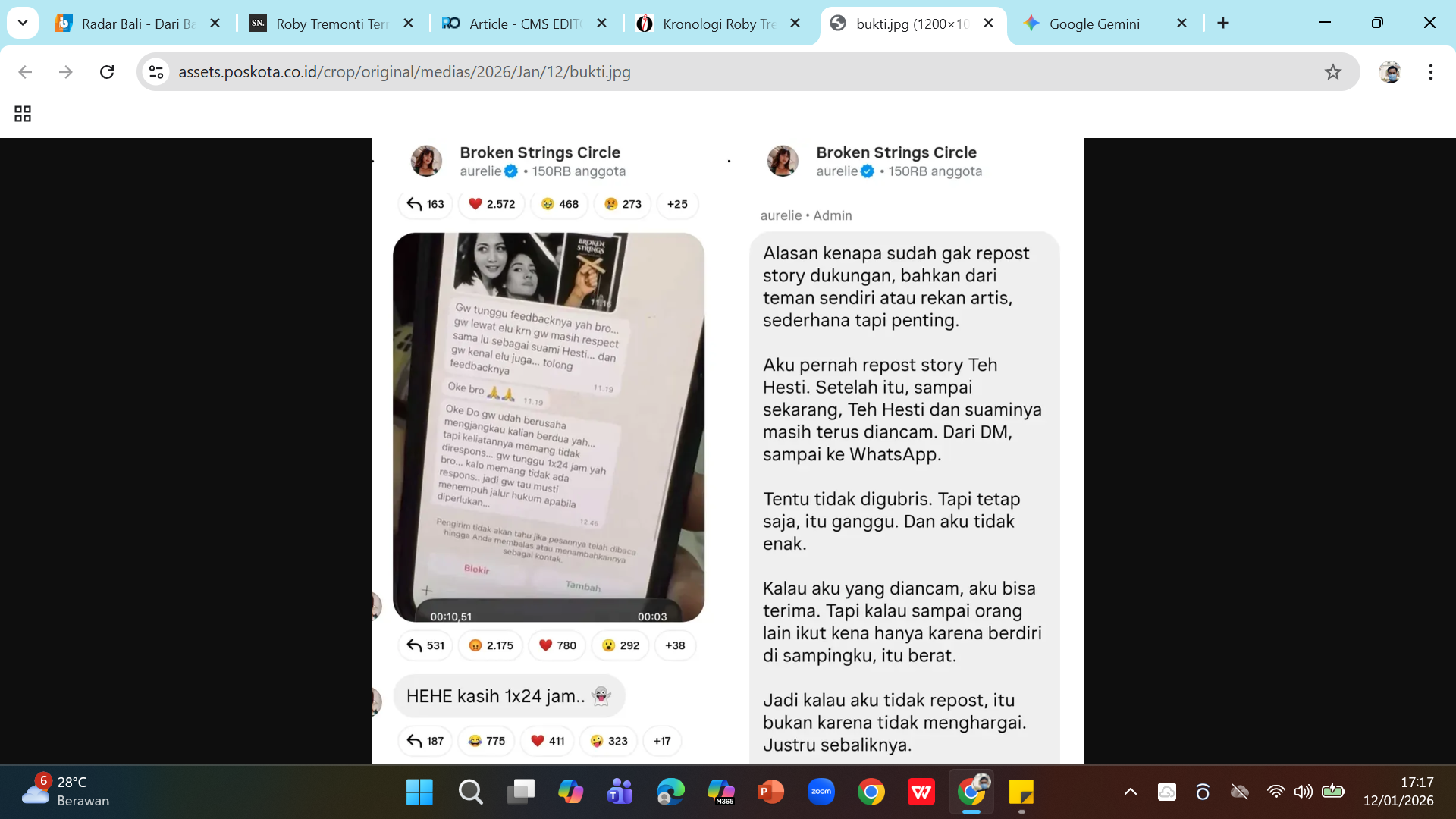 Tangkapan layar ancaman pelaporan kasus hukum pada presenter Hesti Purwadinata.
