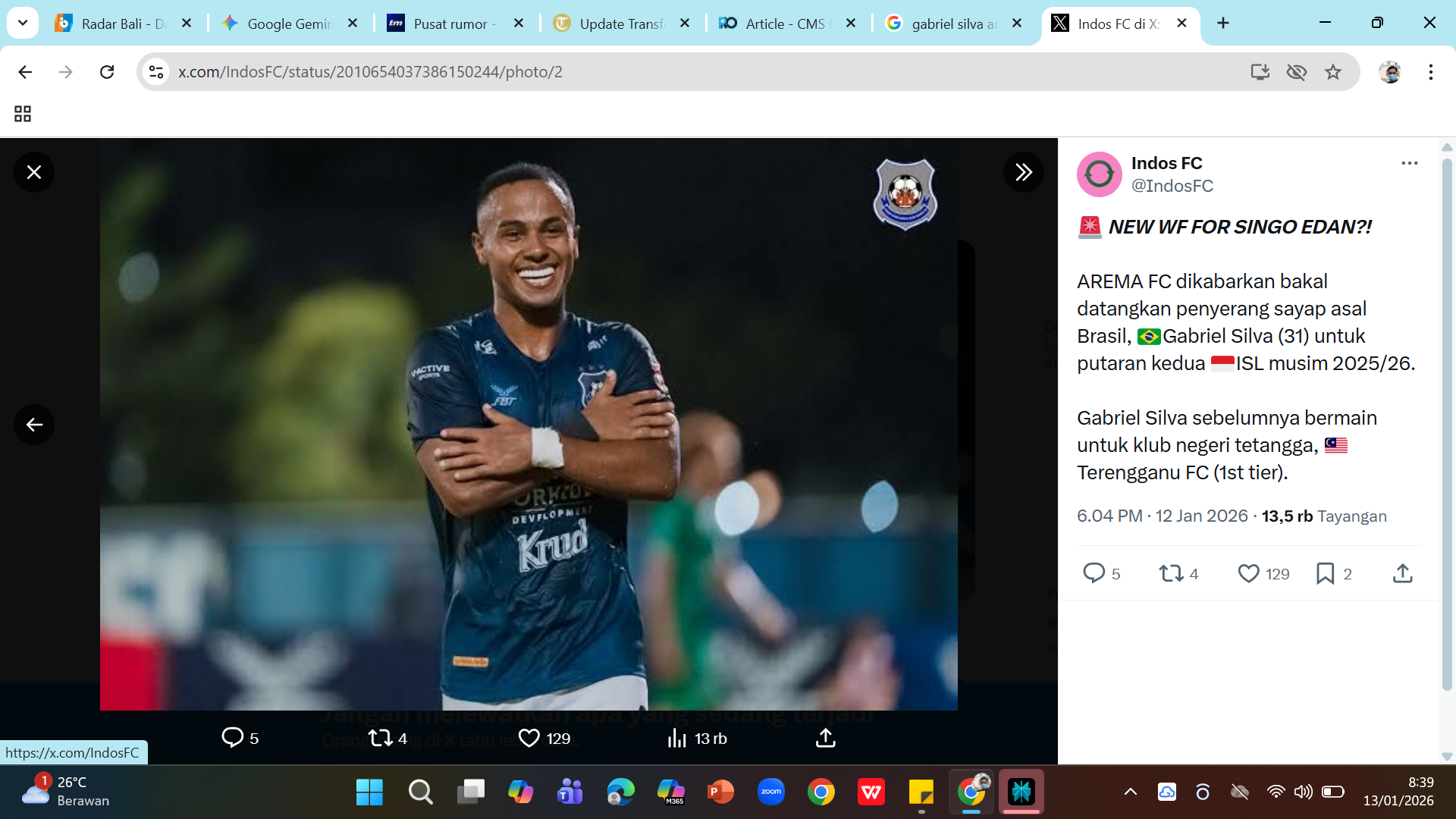 Penyerang sayap Terengganu FC Gabriel Silva dikabarkan diminati Arema FC.