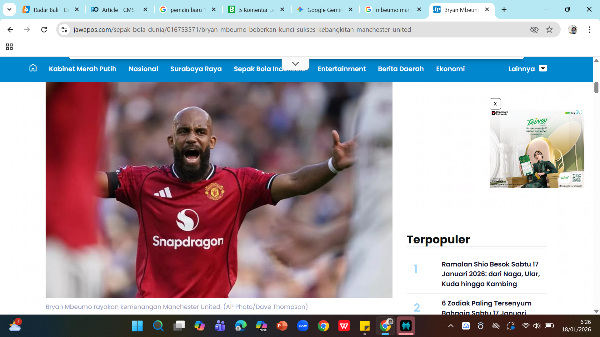 Bryan Mbeumo merayakan gol Manchester United.