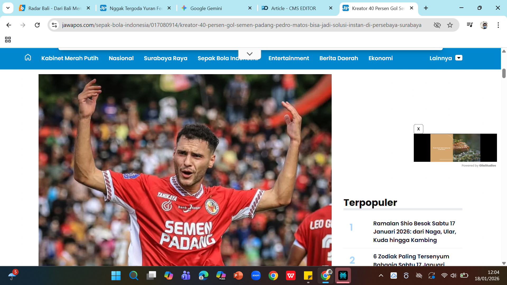 Playmaker Semen Padang Pedro Matos dikabarkan bergabung ke Persebaya di bursa transfer Januari 2026.