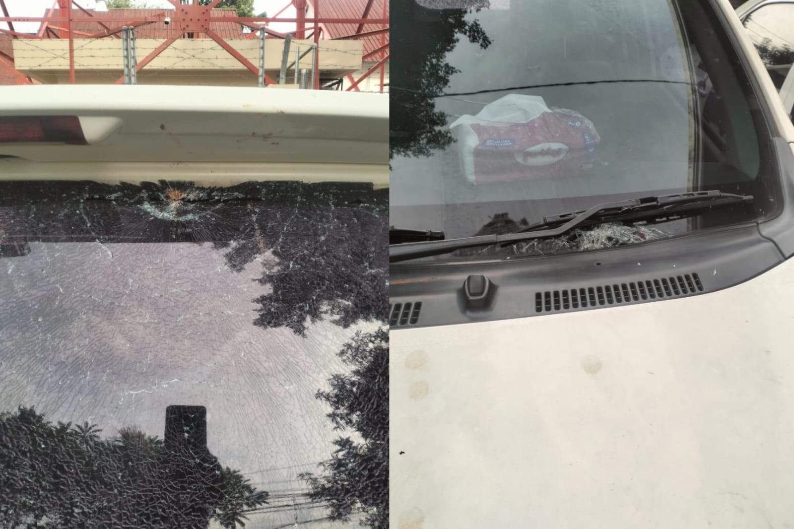 PERUSAKAN: Kaca Mobil bagian depan dan belakang rusak karena dipukul menggunakan batu.