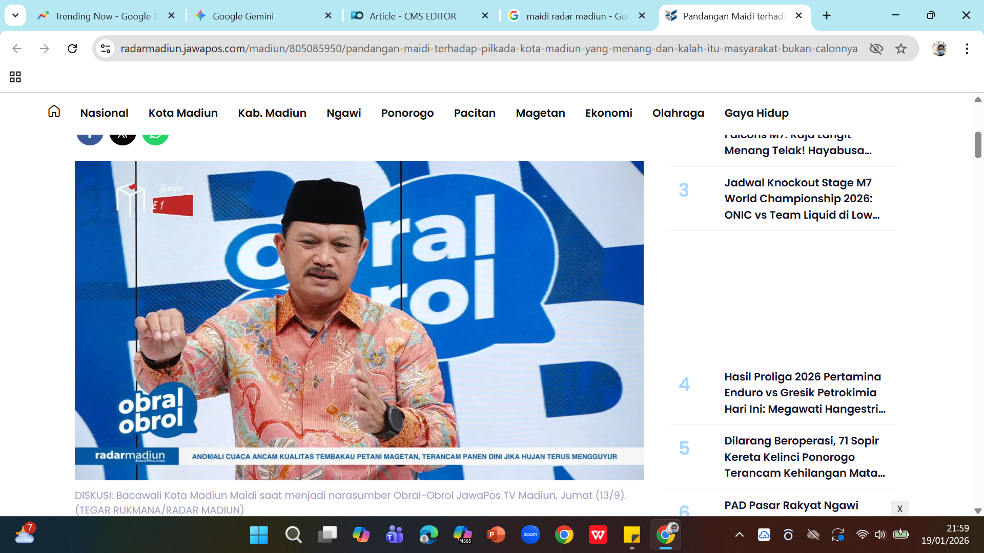 Wali Kota Madiun Maidi. Eks guru geografi itu terkena OTT KPK terkait fee proyek dan penyalahgunaan dana CSR.