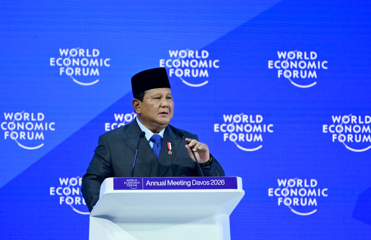 Prabowo Subianto saat berpidato pada World Economic Forum (WEF) Annual Meeting 2026 di Davos, Swiss, Kamis (22/1).