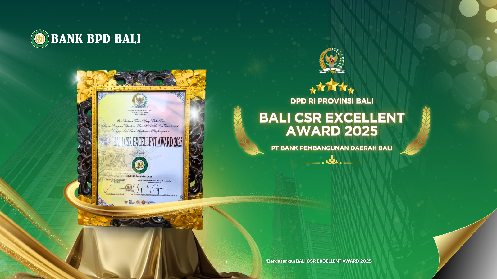 Penghargaan Corporate Social Responsibility (CSR) kepada Bank BPD Bali atas sumbangsih kegiatan Bela Negara.
