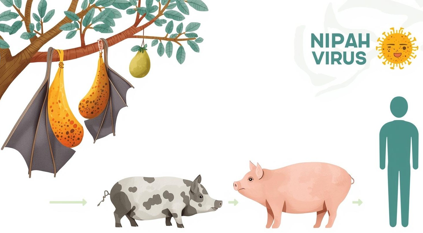 Ilustrasi skema penularan virus Nipah di Indonesia