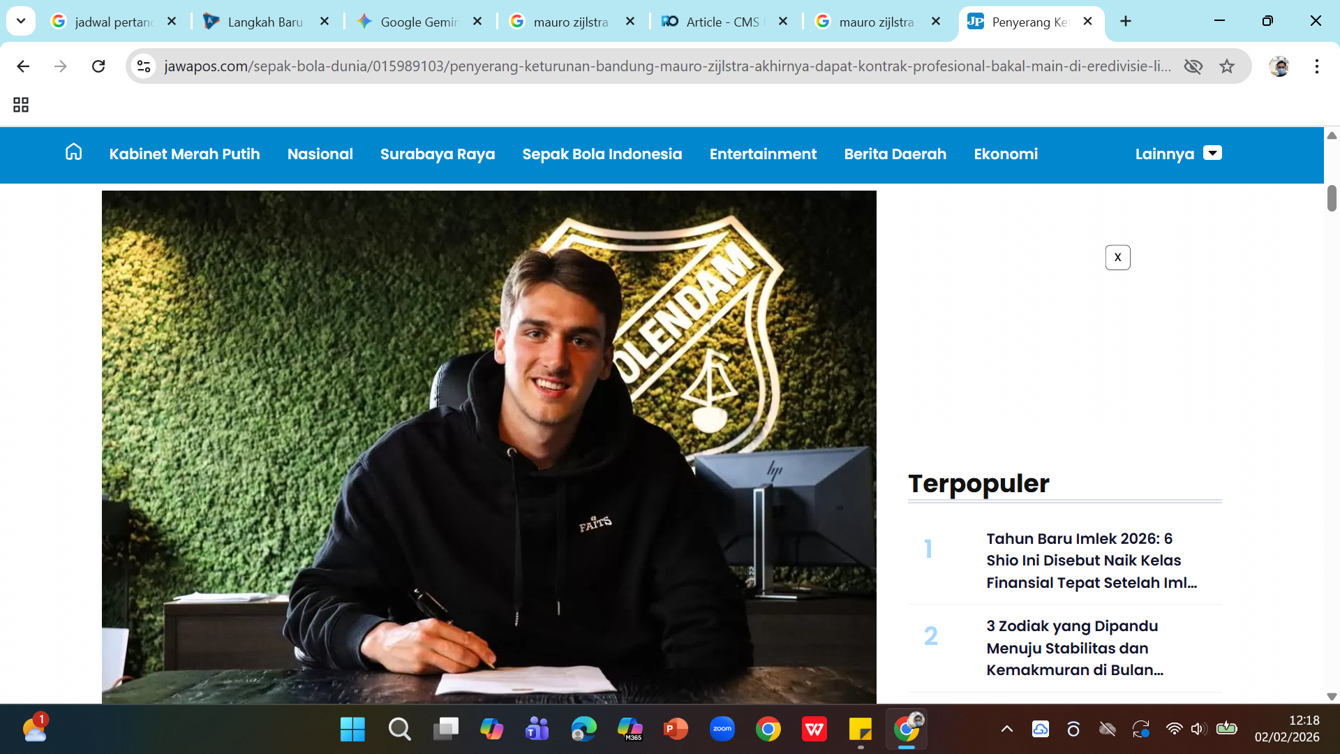 Striker Volendam Mauro Zijlstra dikabarkan melakukan tes medis untuk bergabung dengan Persija Jakarta di bursa transfer Februari 2026.