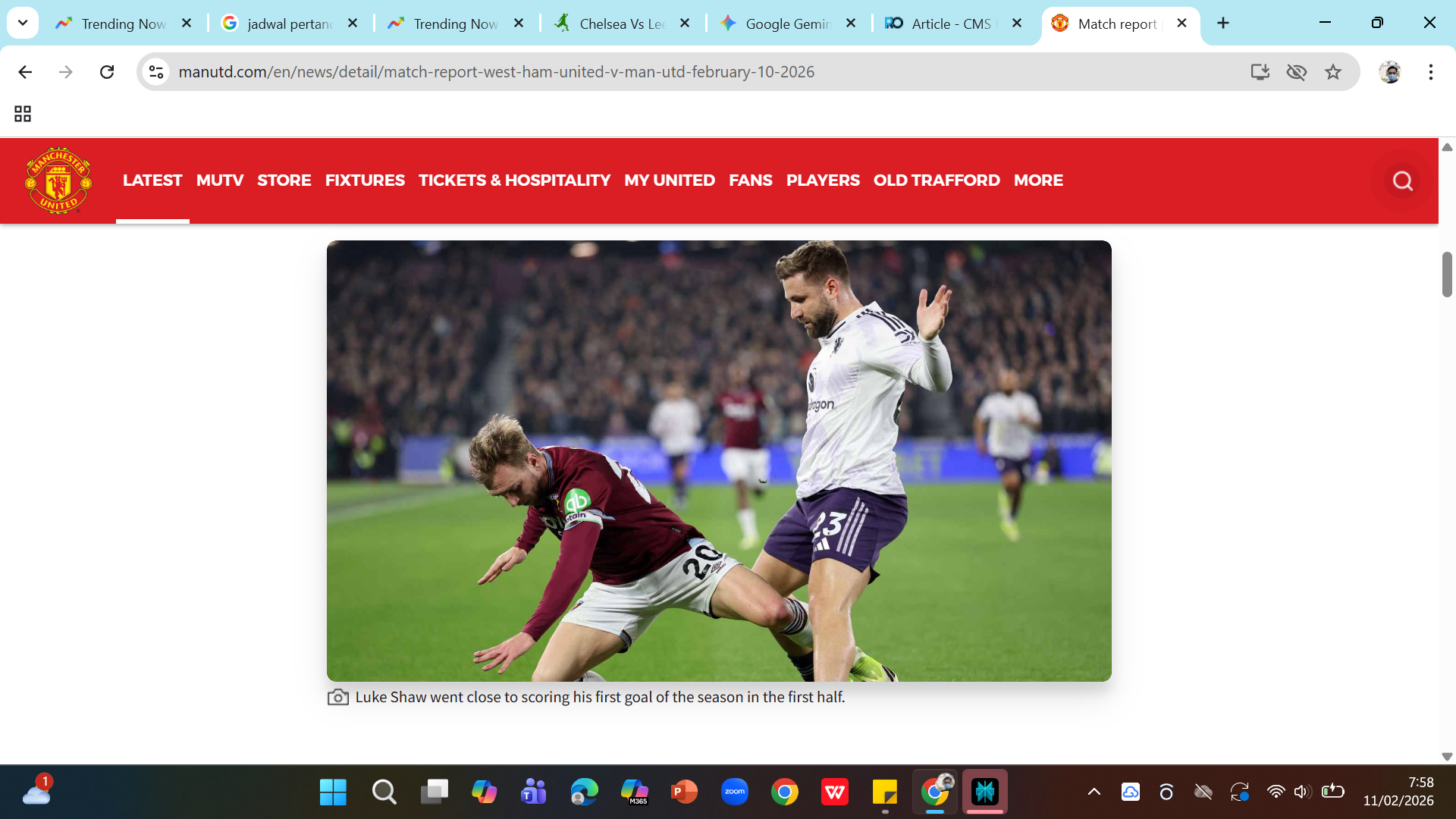 Luke Shaw nyaris mencetak gol perdana di musim ini untuk MU pada babak pertama.