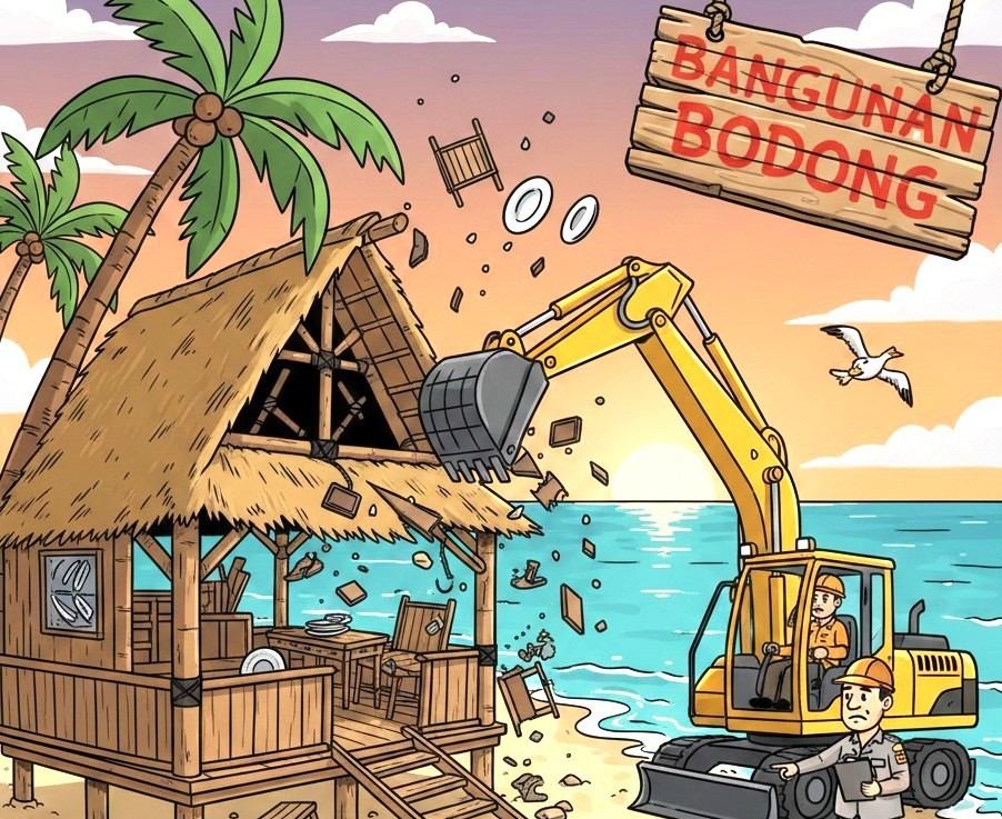 ilustrasi bangunan bodong tepi pantai. (gambar digital gemini/radar bali)