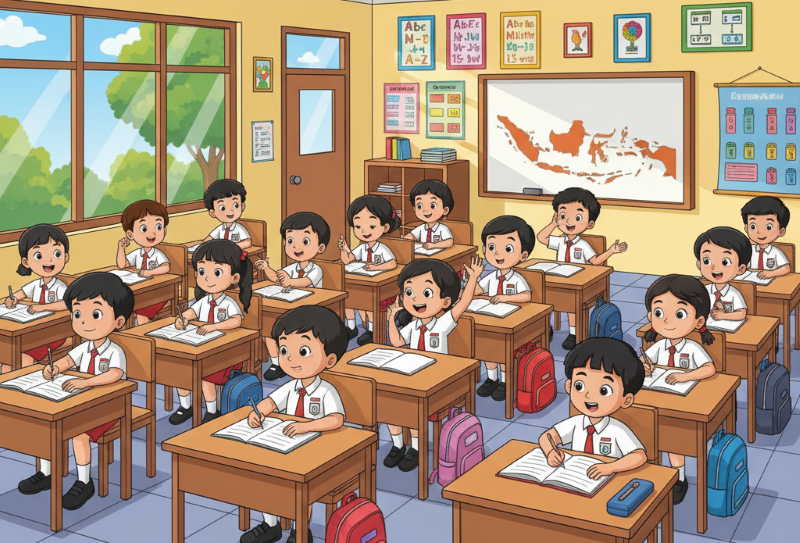 Ilustrasi aktivitas belajar mengajar di sekolah dasar. (gambar digital gemini/radar bali)