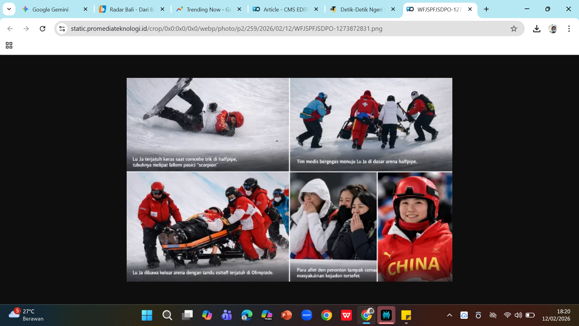 Detik-detik atlet snowboarder China Lu Jia mengalami insiden berbahaya Scorpion dalam kualifikasi nomor Halfpipe Putri di Olimpiade Musim Dingin 2026.