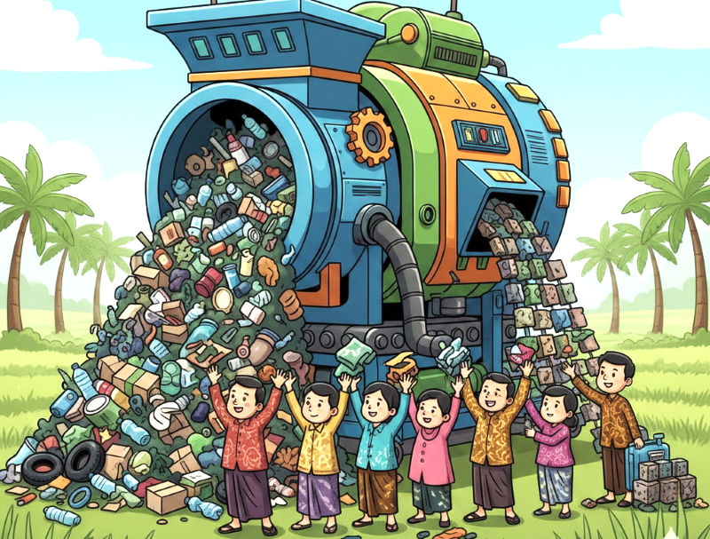 ilustrasi mesin pengolah sampah.(gambar digital gemini-radar bali)