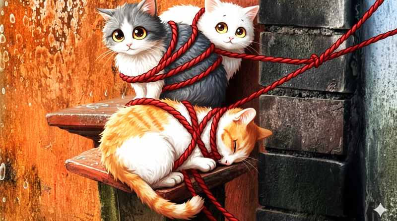Ilustrasi kucing diikat dan terkena air hujan. (gambar digital gemini dok radar bali)