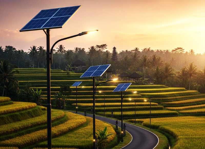Ilustrasi lampu penerang jalan dengan listrik tenaga matahari. (gambar ilustrasi digital gemini/radar bali)