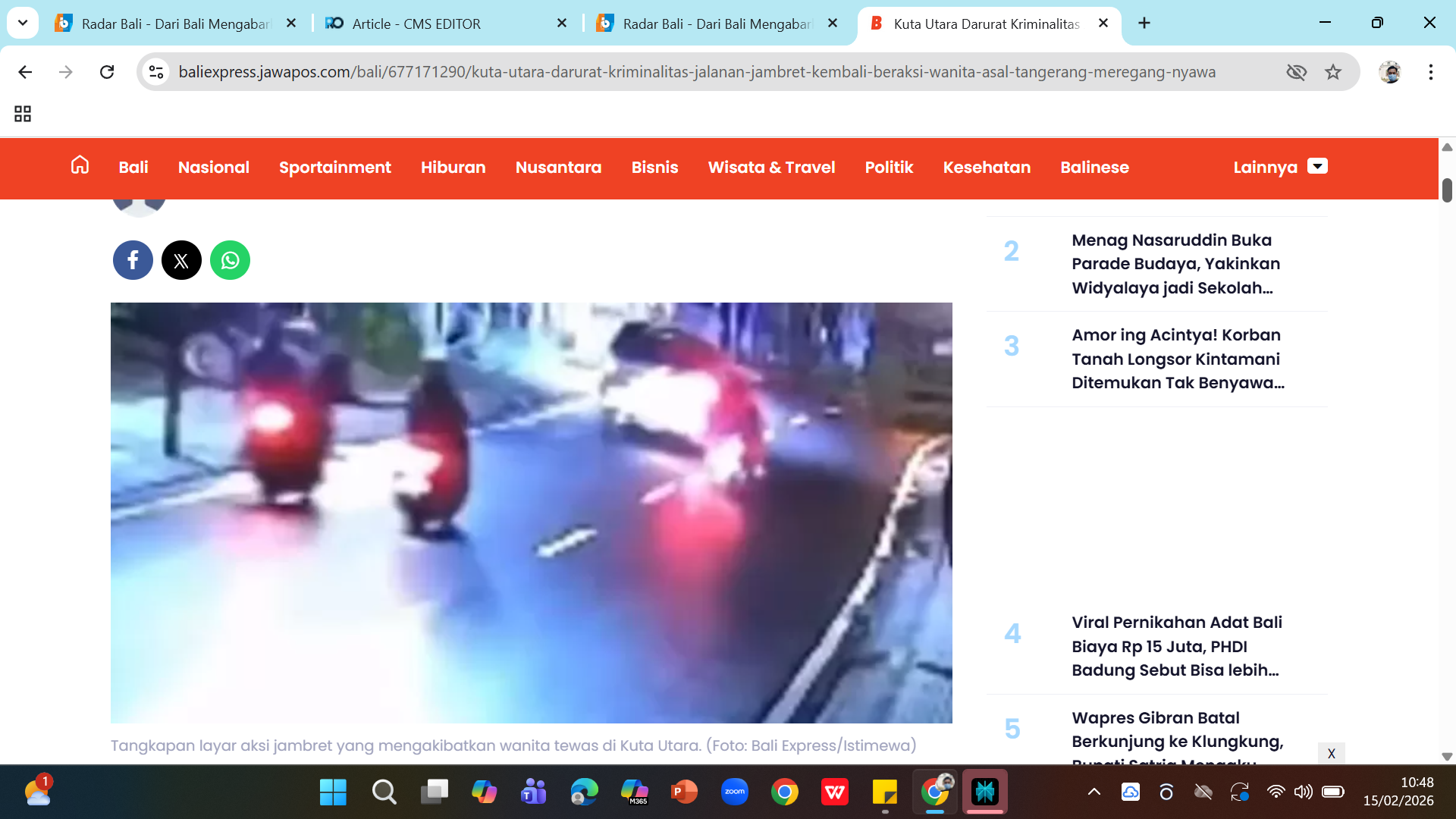 Tangkapan layar penjambretan perempuan asal Tangerang di Bali yang menyebabkan korban tewas.