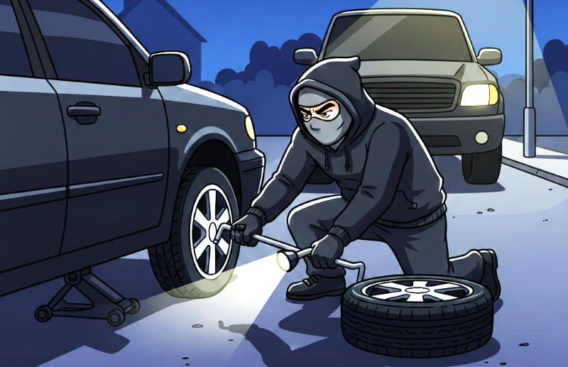 ilustrasi aksi maling ban mobil. (gambar digital gemini/radar bali)