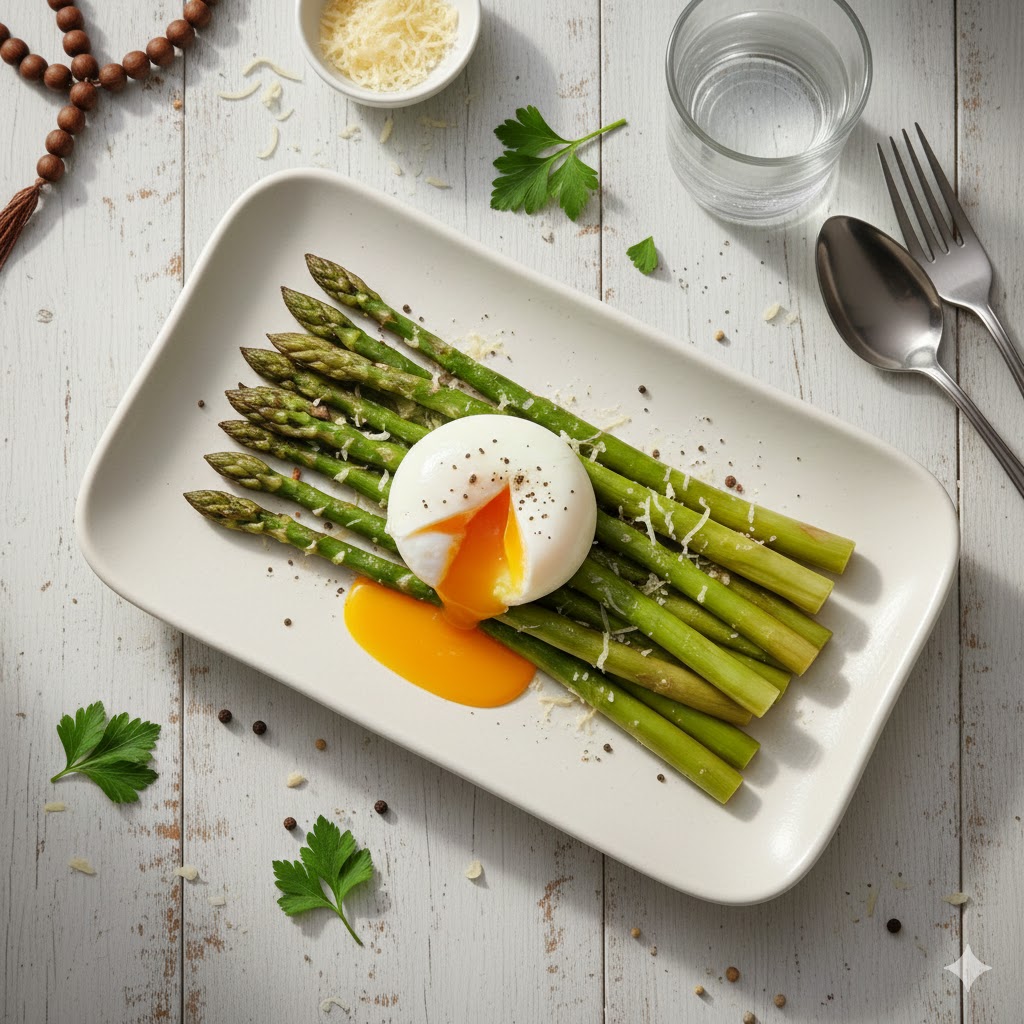 Asparagus panggang dengan poached egg