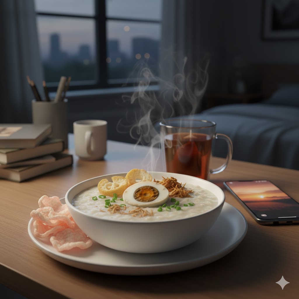 bubur instan dengan topping telur asin