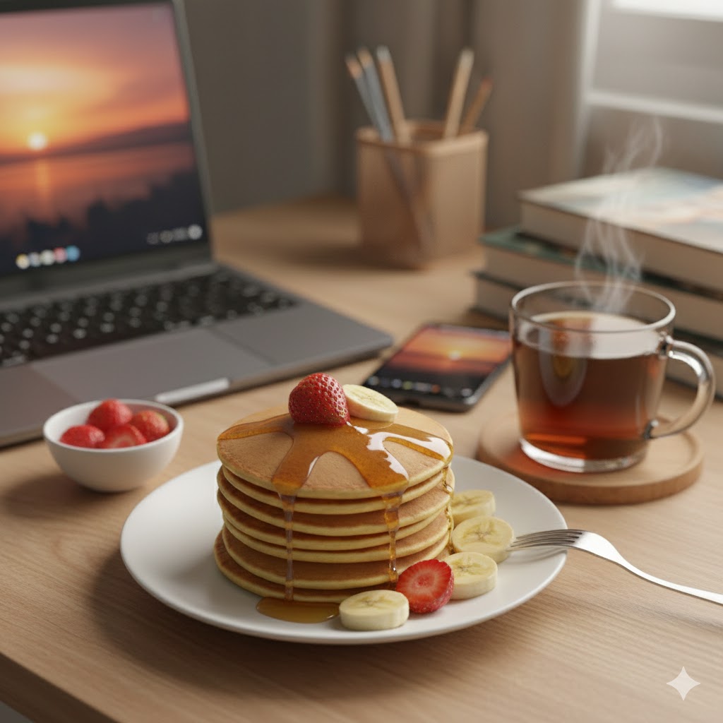 pancake instan dengan madu dan buah